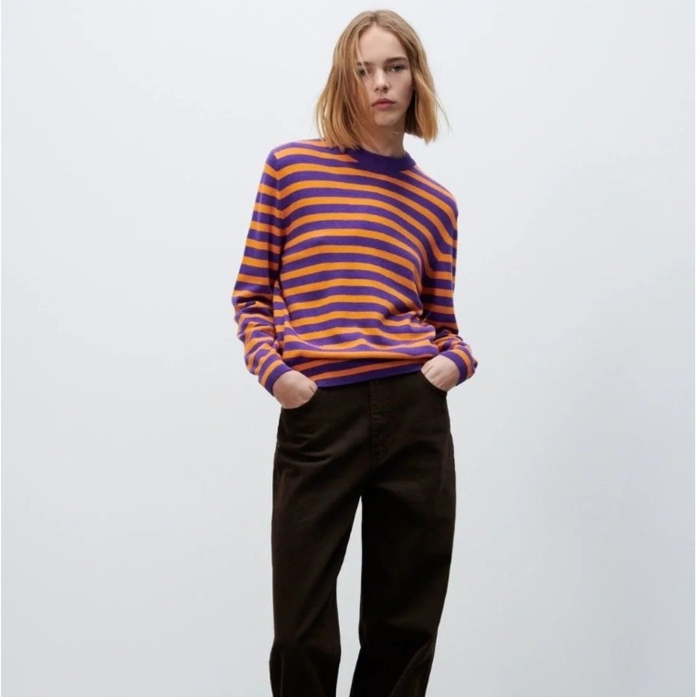 Zara Striped Wool Cashmere Blend Crewneck‎ Sweater Purple Orange Small
